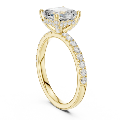 Back view of yellow gold Asscher solitaire ring with pavé diamond band showing band and setting