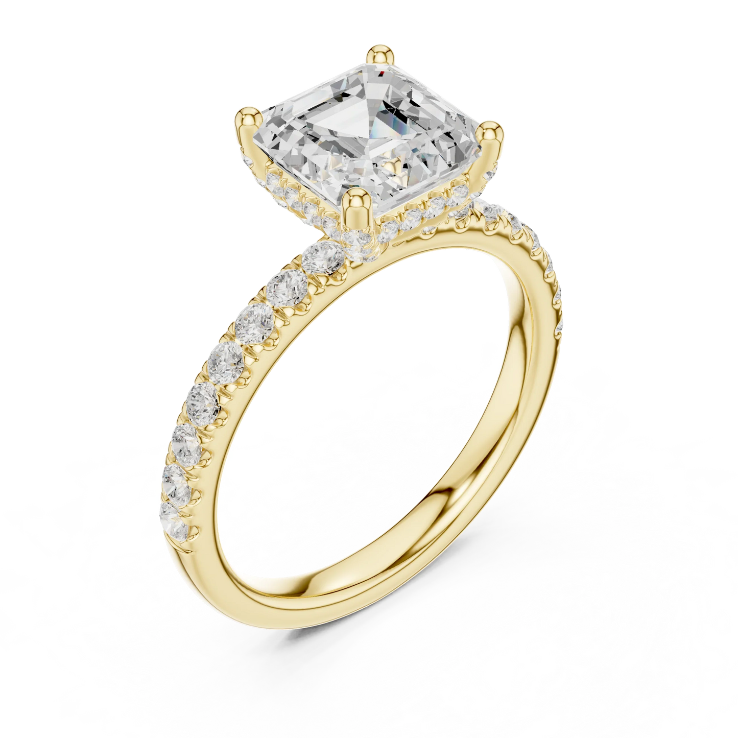 Front view of yellow gold Asscher cut solitaire ring with pavé diamond band and center gemstone