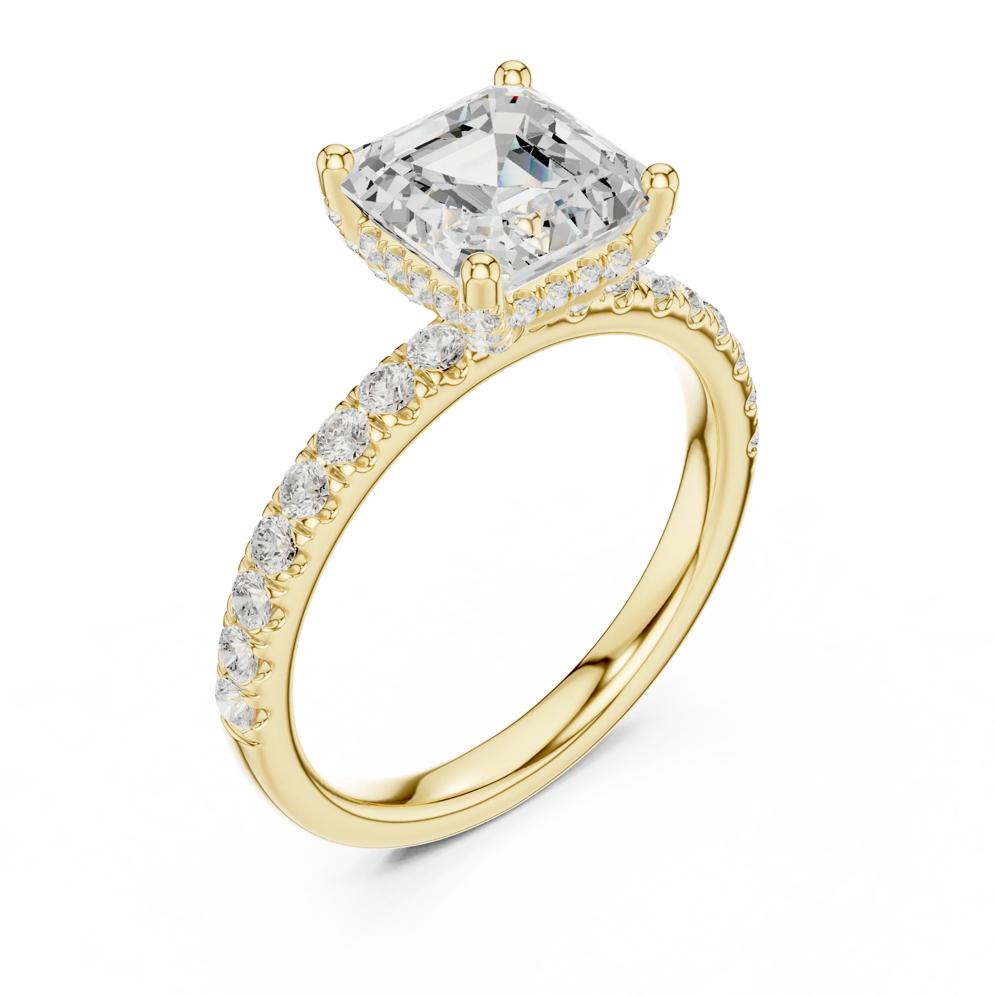 Front view of yellow gold Asscher cut solitaire ring with pavé diamond band and center gemstone