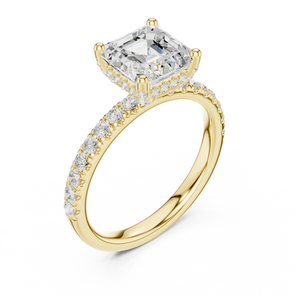 Front view of yellow gold Asscher cut solitaire ring with pavé diamond band and center gemstone