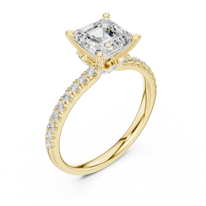 Front view of yellow gold Asscher solitaire ring with pave diamond band and lab-grown diamond – Australia