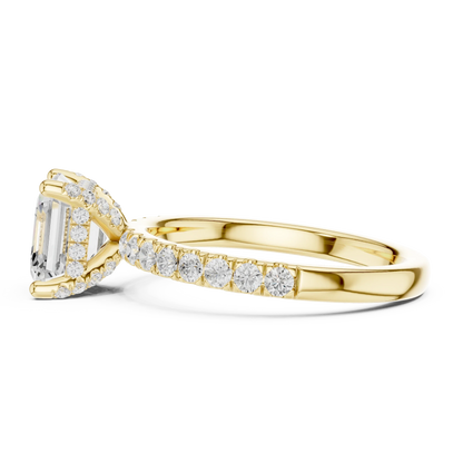 Side profile of yellow gold Asscher cut solitaire ring with pavé diamond band and raised setting