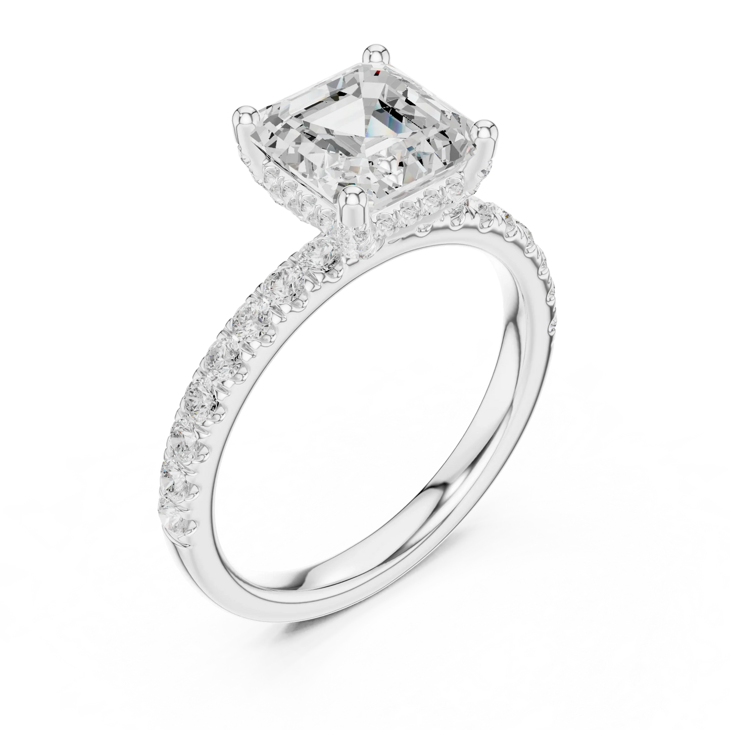 Front view of white gold Asscher cut solitaire ring with pavé diamond band and center stone