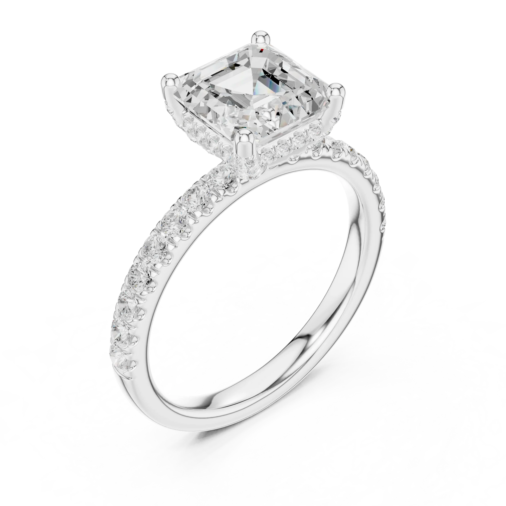 Front view of white gold Asscher cut solitaire ring with pavé diamond band and center stone