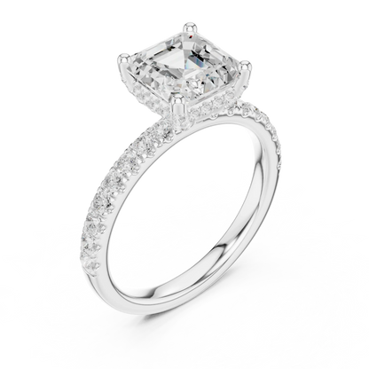 Front view of white gold Asscher cut solitaire ring with pavé diamond band and center stone