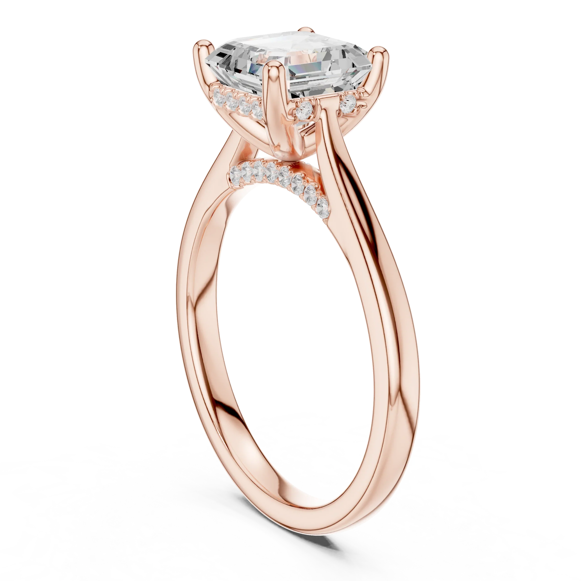 Back view of rose gold Asscher solitaire ring with plain domed band and lab-grown diamond – Australia