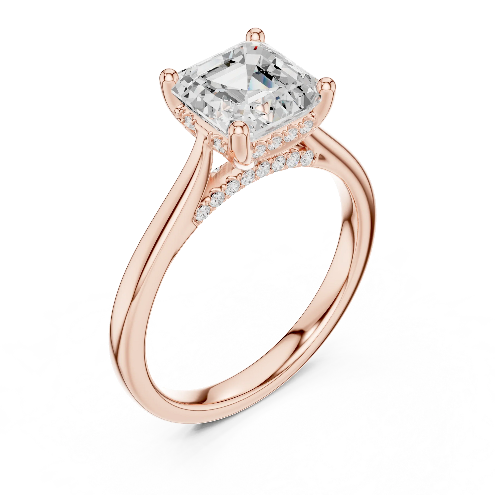 Front view of rose gold Asscher solitaire ring with plain domed band and lab-grown diamond – Australia