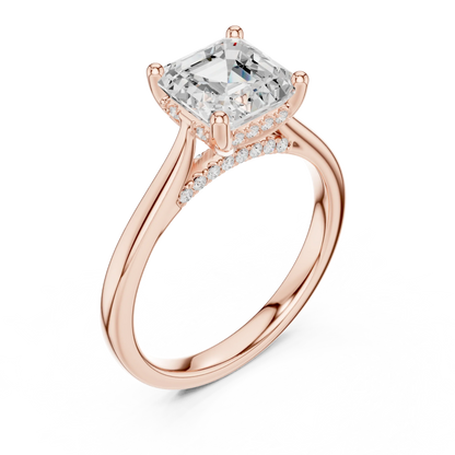Front view of rose gold Asscher solitaire ring with plain domed band and lab-grown diamond – Australia