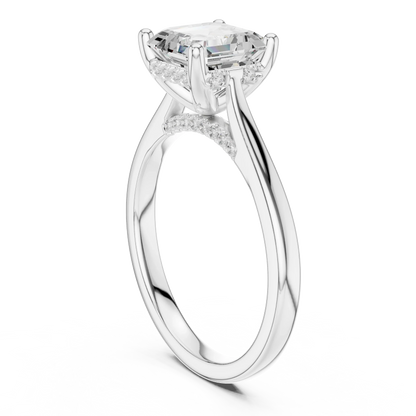 Back view of white gold Asscher solitaire ring with plain domed band and lab-grown diamond – Australia