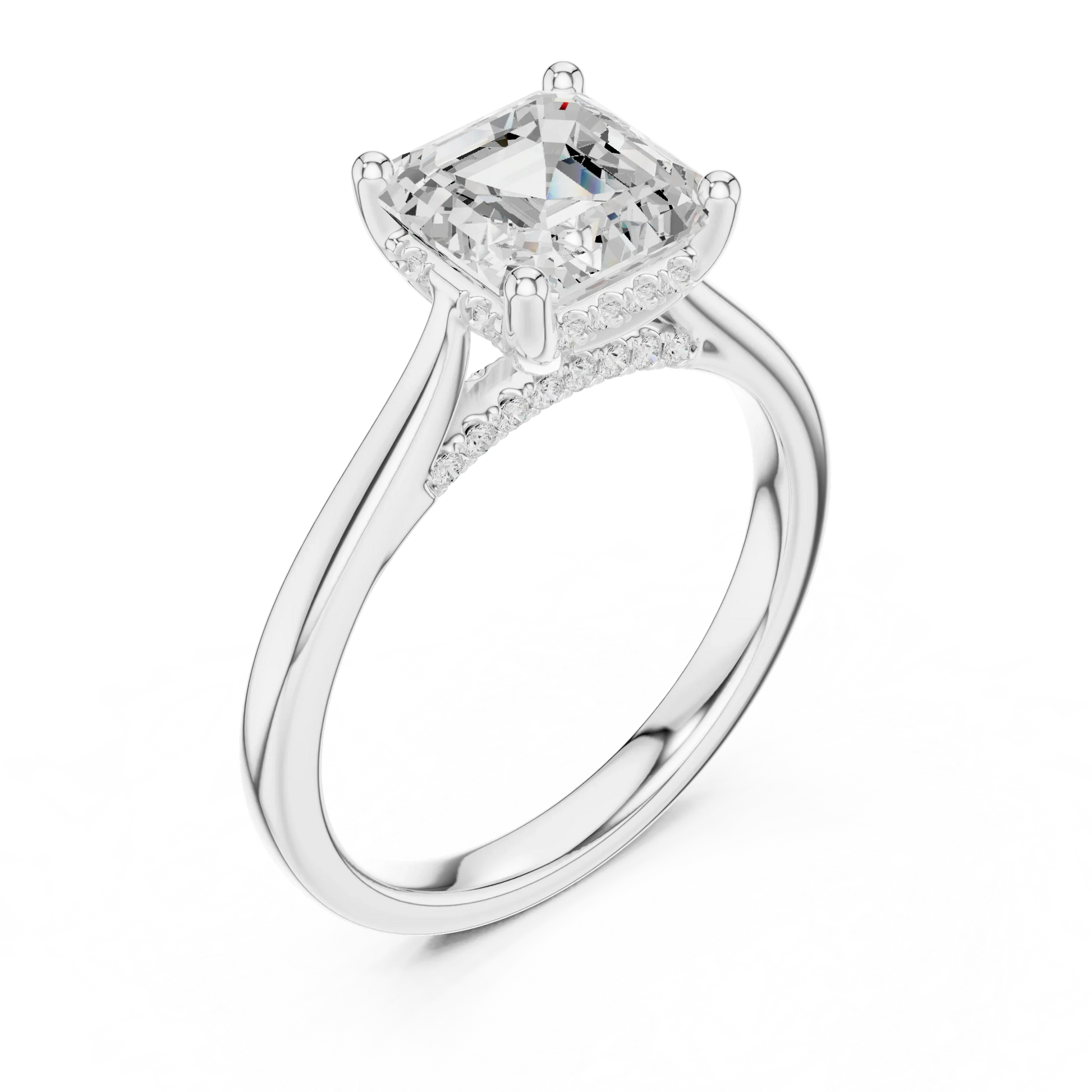 Front view of white gold Asscher solitaire ring with plain domed band and lab-grown diamond – Australia