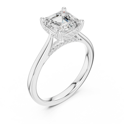 Front view of white gold Asscher solitaire ring with plain domed band and lab-grown diamond – Australia