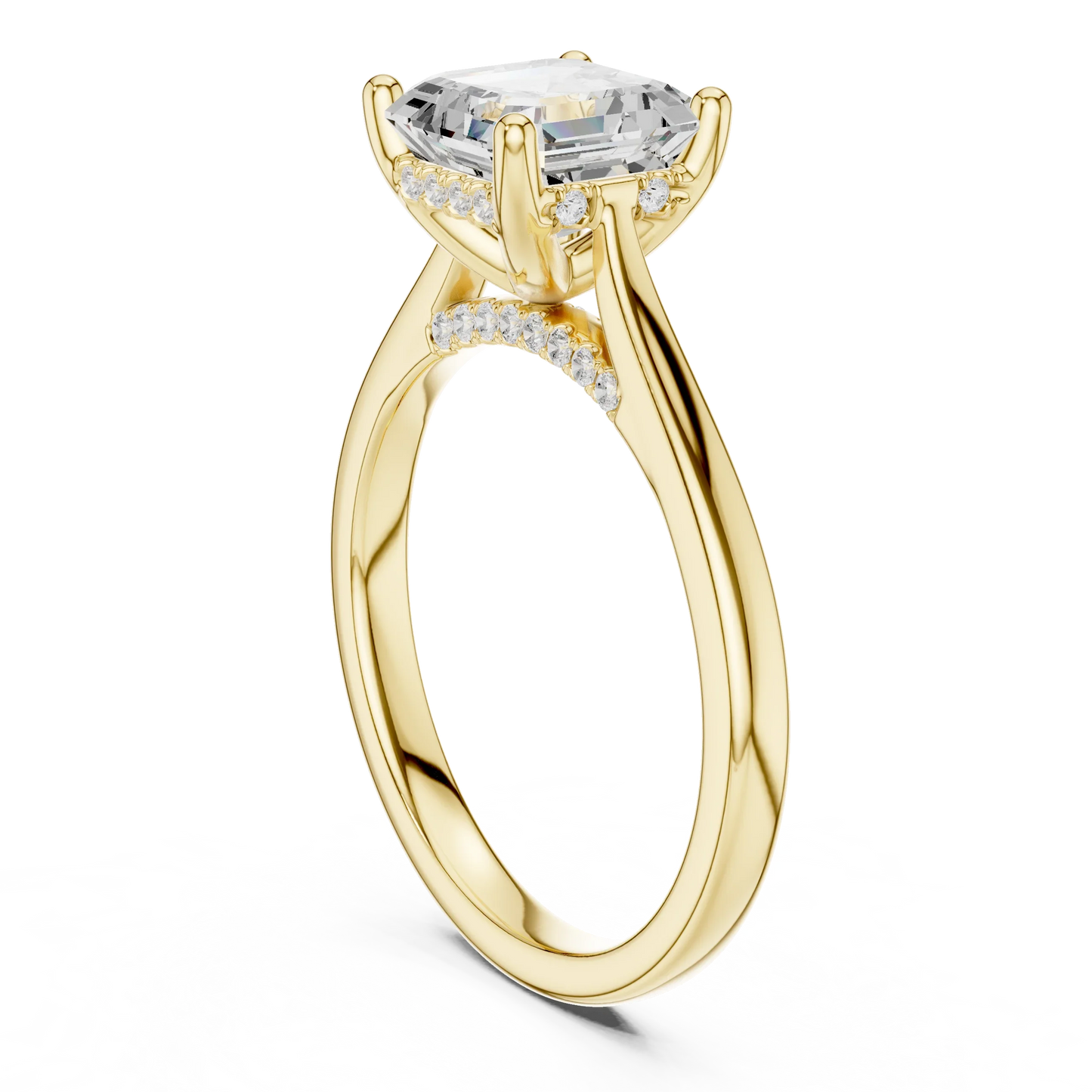 Back view of yellow gold Asscher solitaire ring with plain domed band and lab-grown diamond – Australia