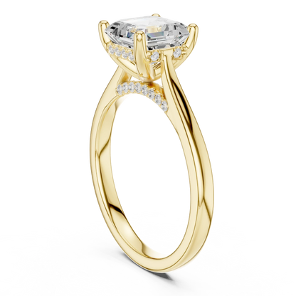 Back view of yellow gold Asscher solitaire ring with plain domed band and lab-grown diamond – Australia