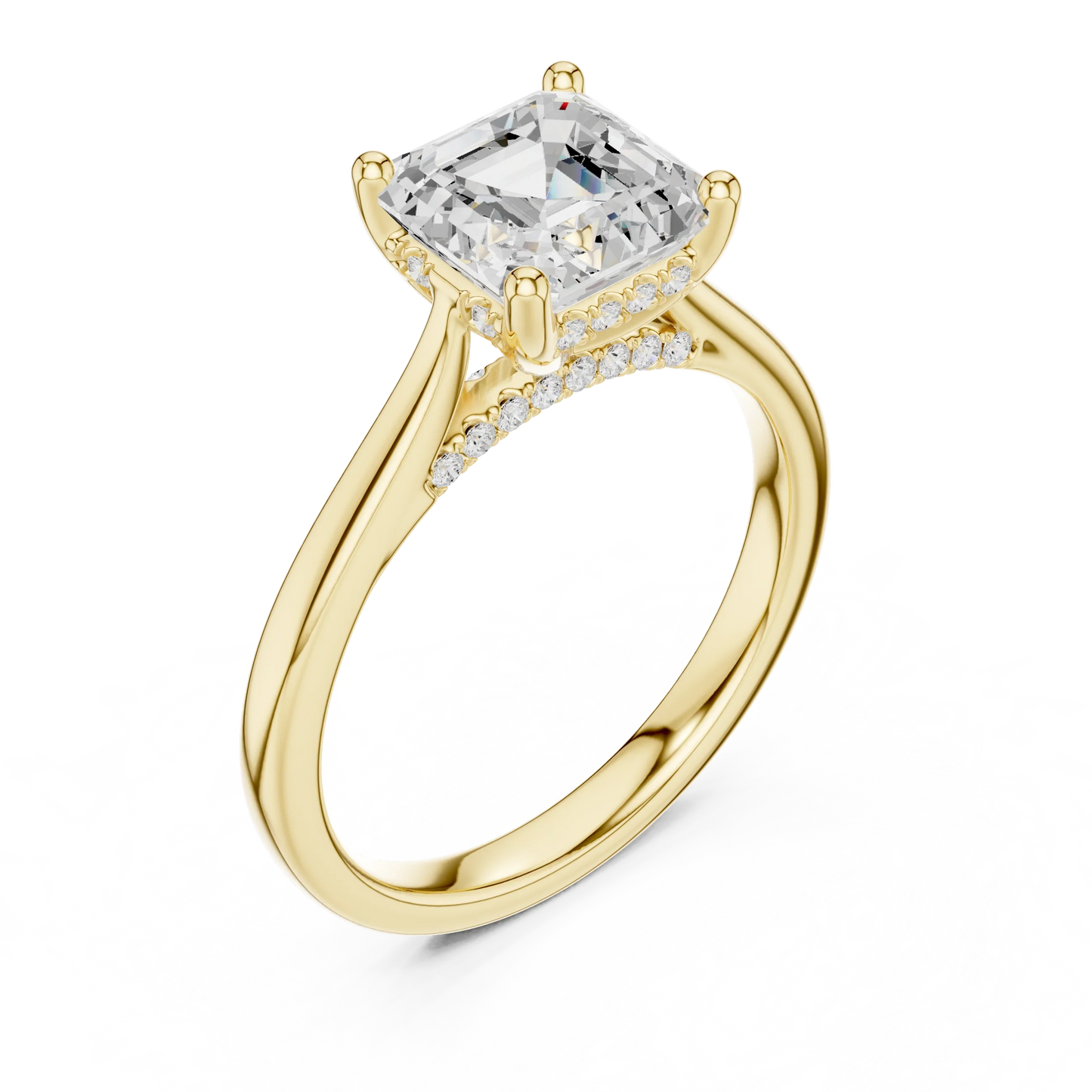 Front view of yellow gold Asscher solitaire ring with plain domed band and lab-grown diamond – Australia