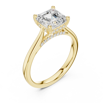 Front view of yellow gold Asscher solitaire ring with plain domed band and lab-grown diamond – Australia