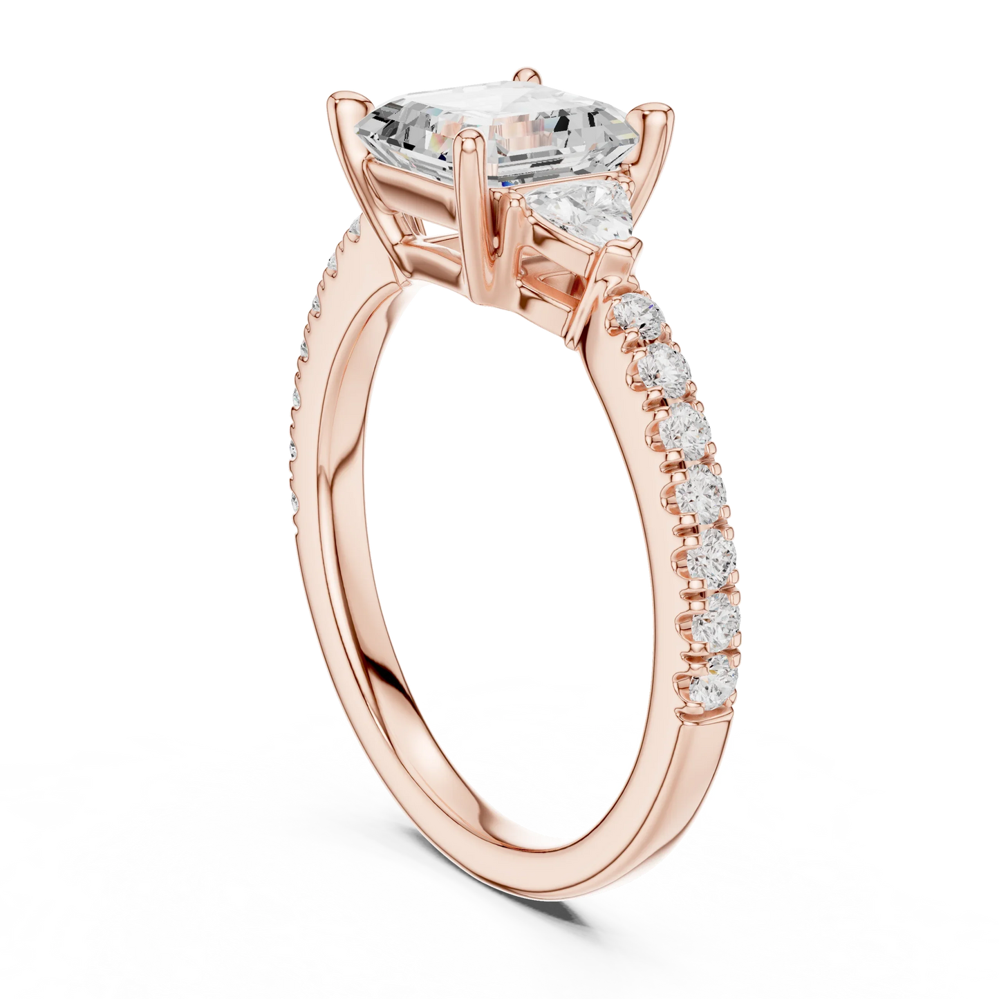 Back side view of rose gold Asscher three stone diamond pave ring, detailing band and setting.