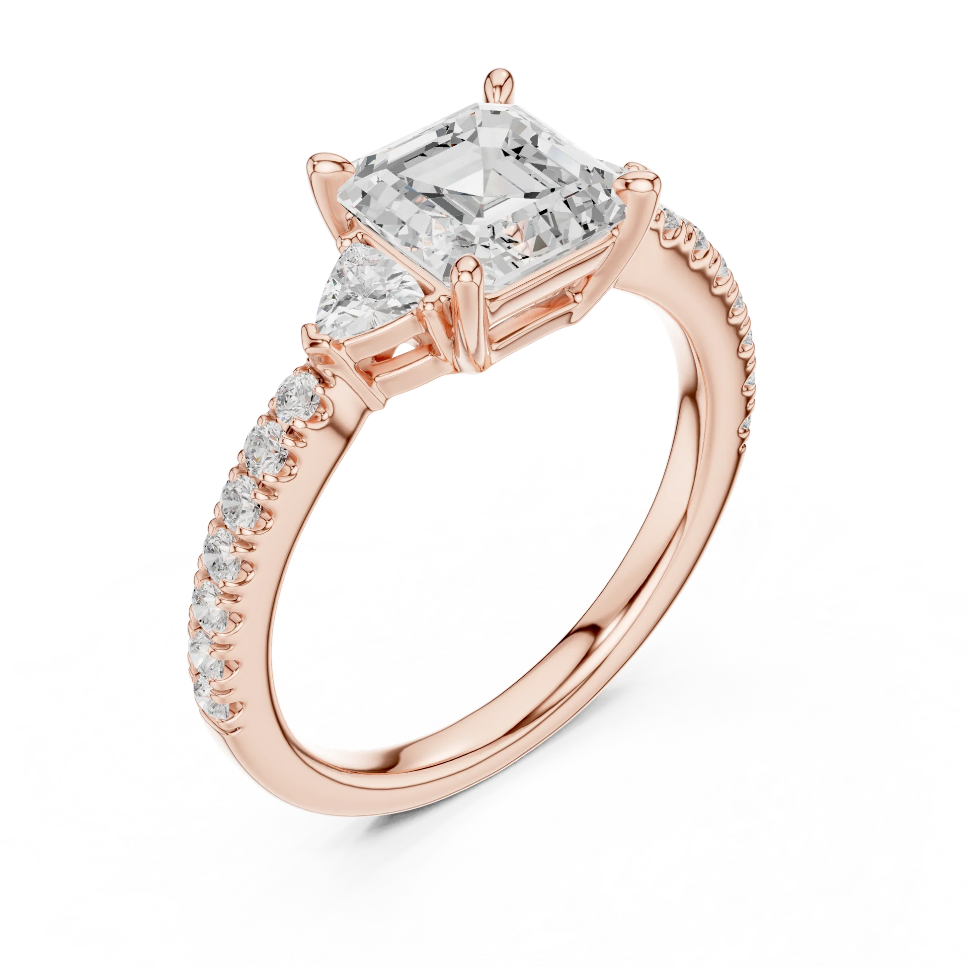 Front view of rose gold Asscher three stone diamond pave ring, showcasing gemstone brilliance.