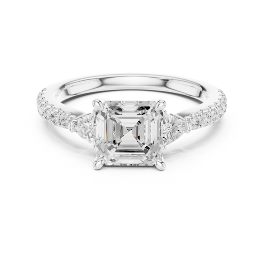 Lab-grown Asscher cut three stone diamond pave ring in white gold, elegant top view.