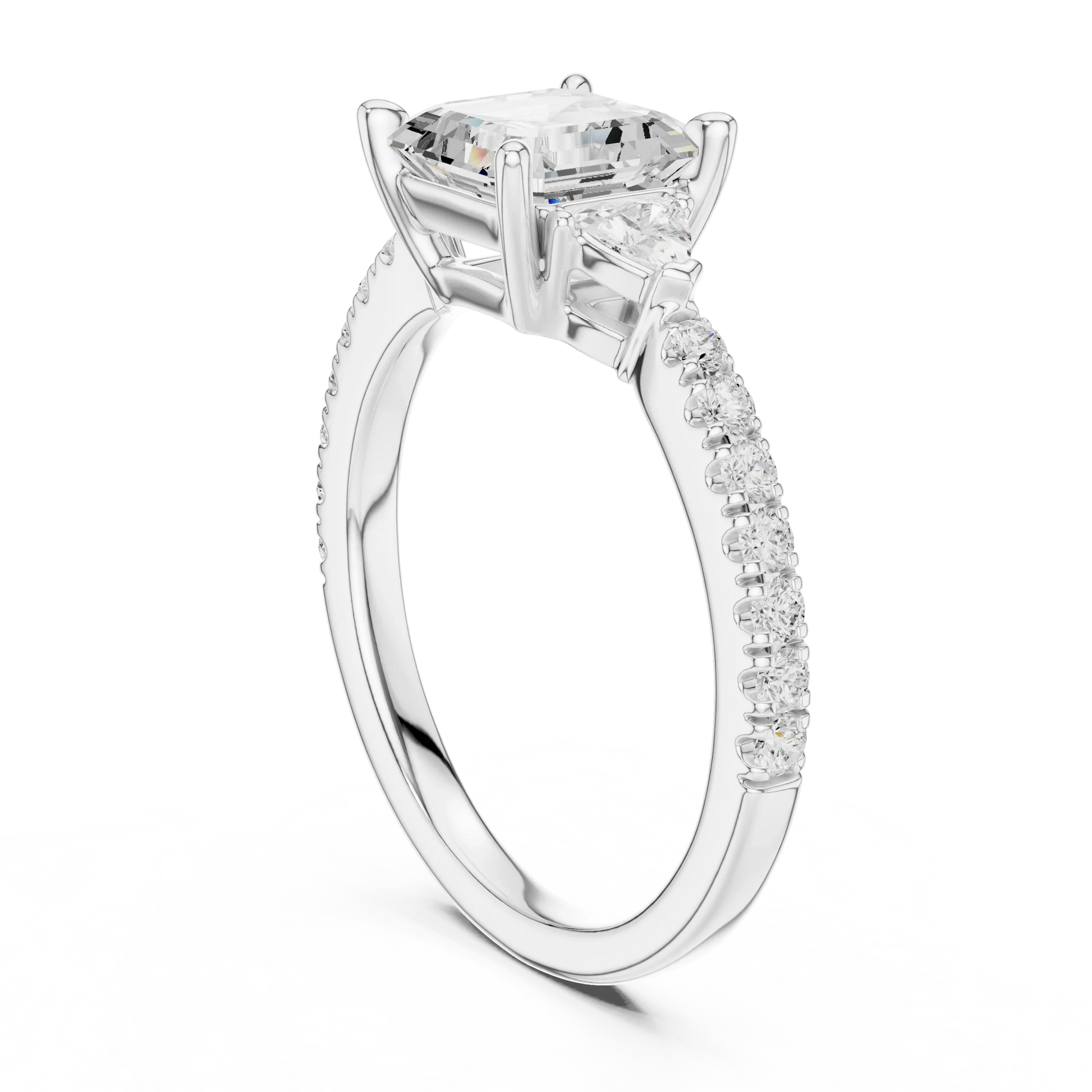 Back side view of white gold Asscher three stone diamond pave ring, showing band and setting.