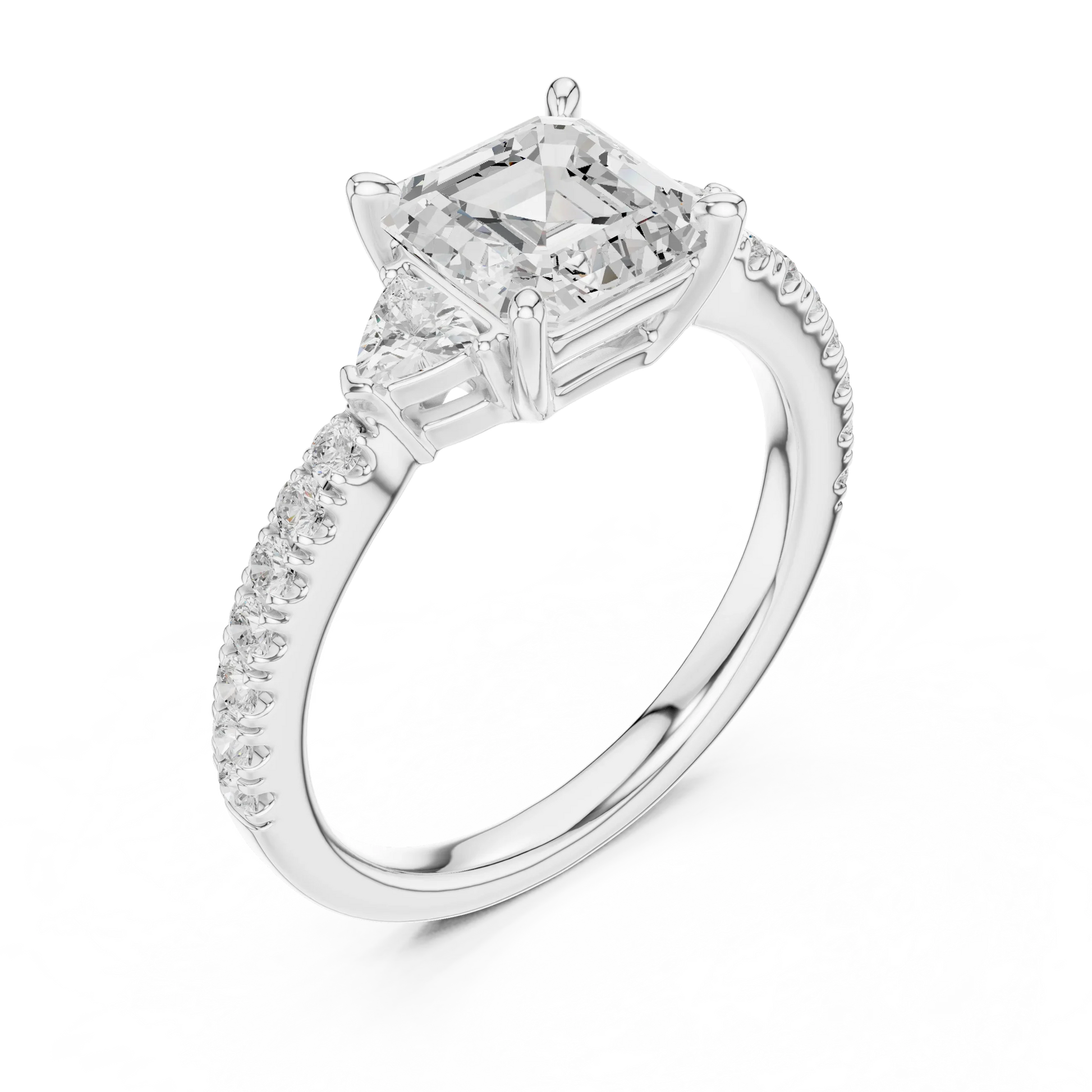 Front view of white gold Asscher cut three stone diamond pave ring, showcasing center and side stones.