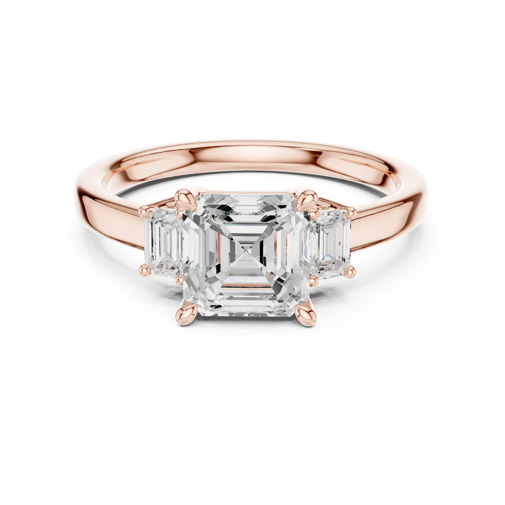 Lab-grown Asscher cut three stone diamond ring in rose gold, soft tone top view.