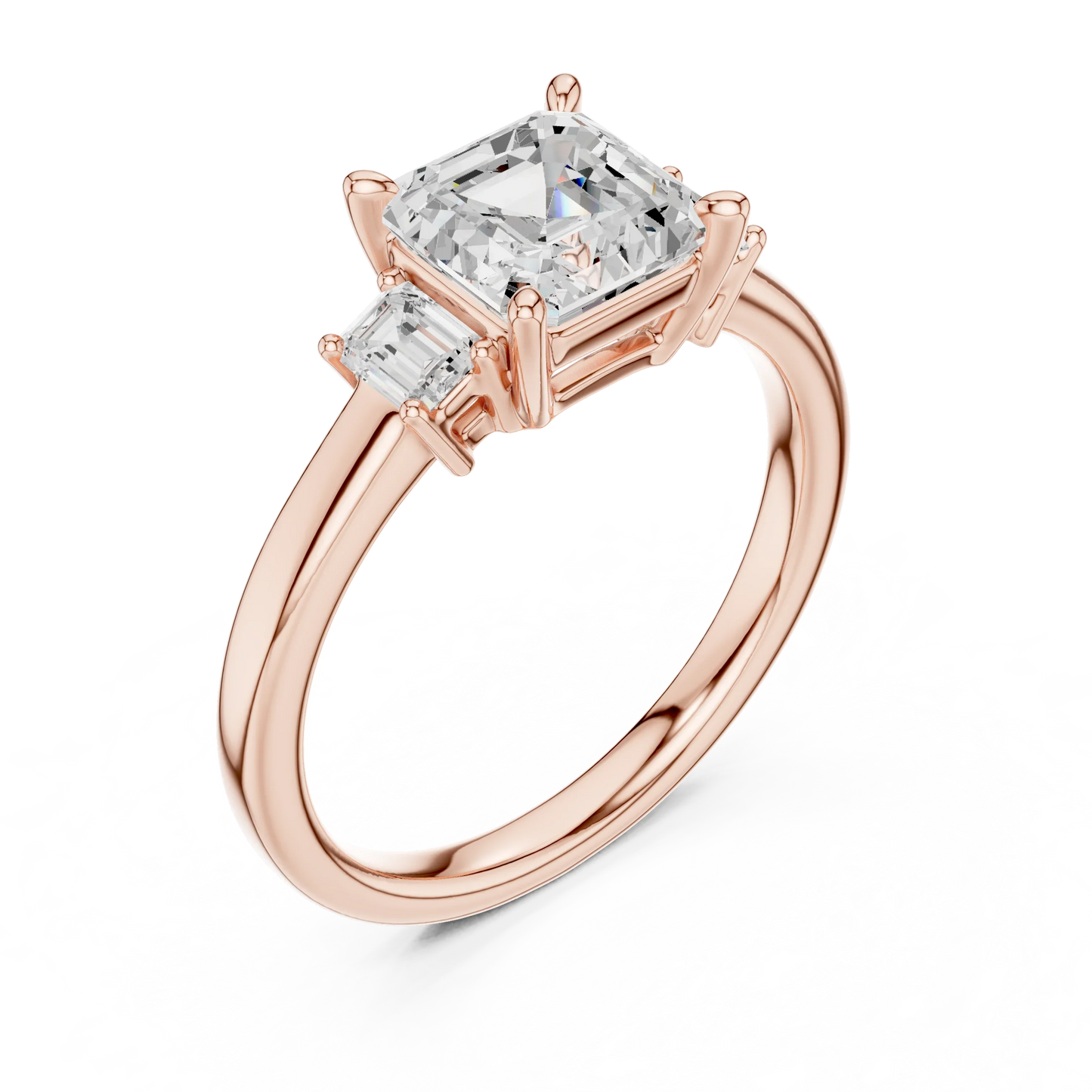 Front view of rose gold Asscher three stone diamond ring, showcasing gemstone brilliance