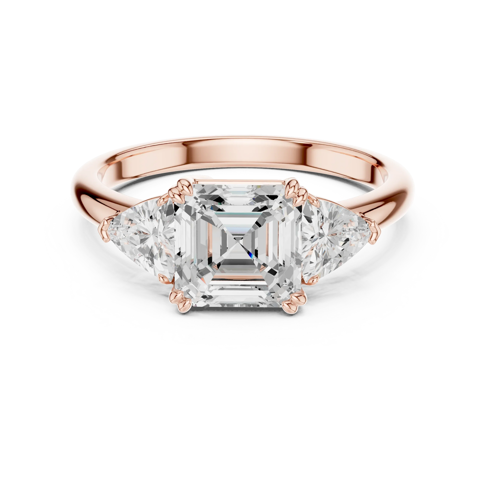 Asscher three-stone ring in rose gold with trillion cut side stones and lab-grown diamond 鈥?Australia