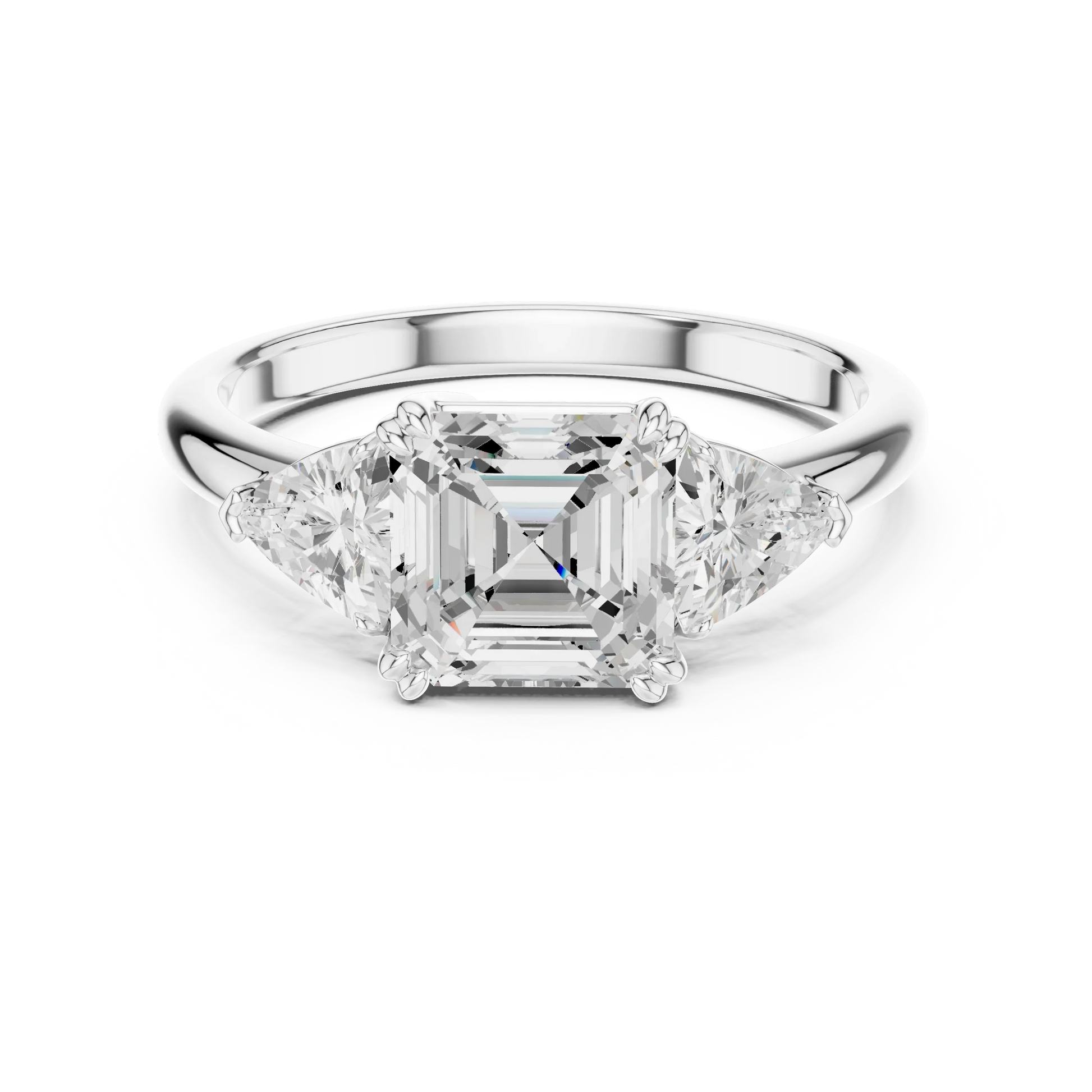 Asscher three-stone ring in white gold with trillion cut side stones and lab-grown diamond 鈥?Australia