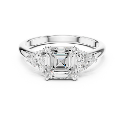 Asscher three-stone ring in white gold with trillion cut side stones and lab-grown diamond 鈥?Australia