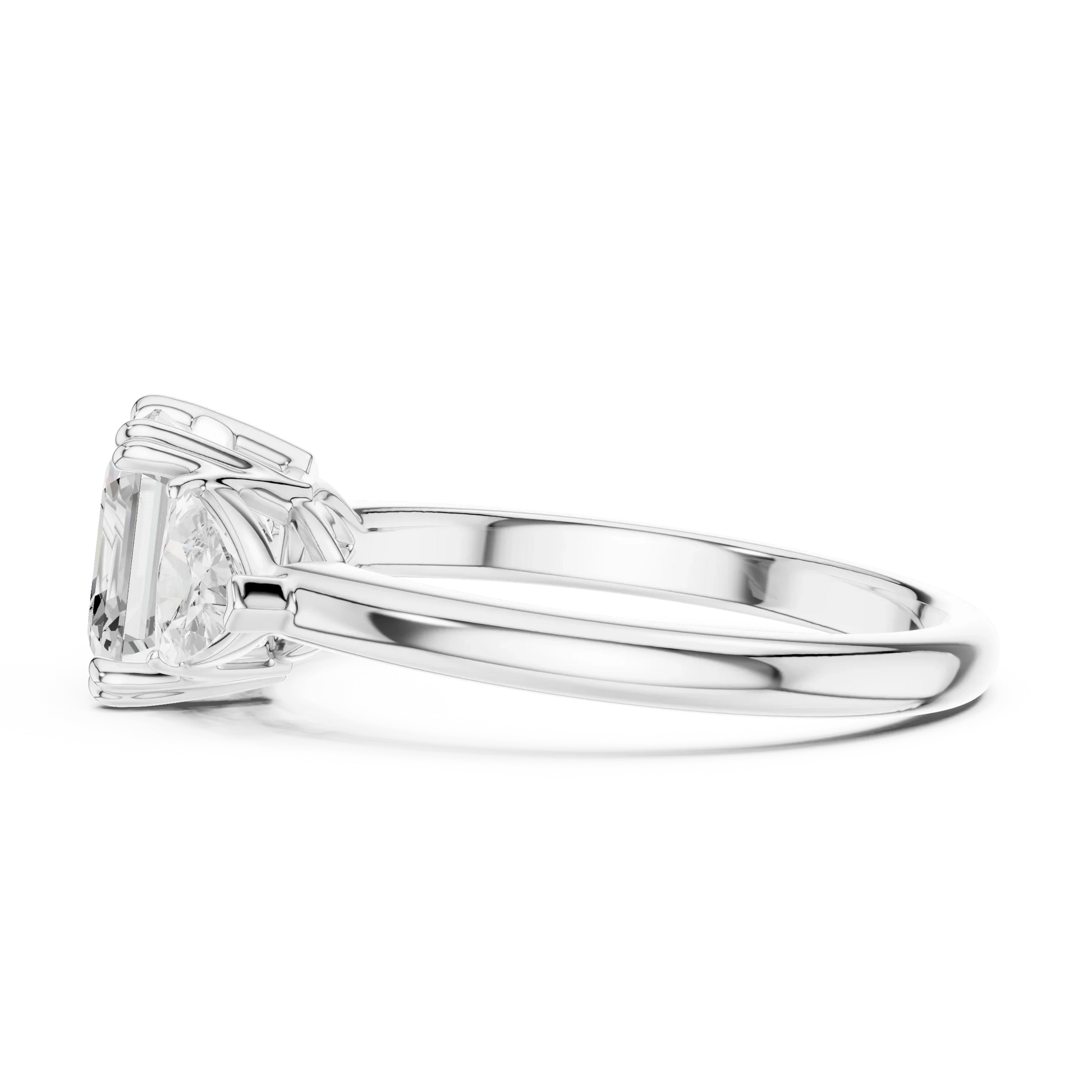 Side view of white gold asscher three-stone ring with trillion cut side stones and lab-grown diamond 鈥?Australia