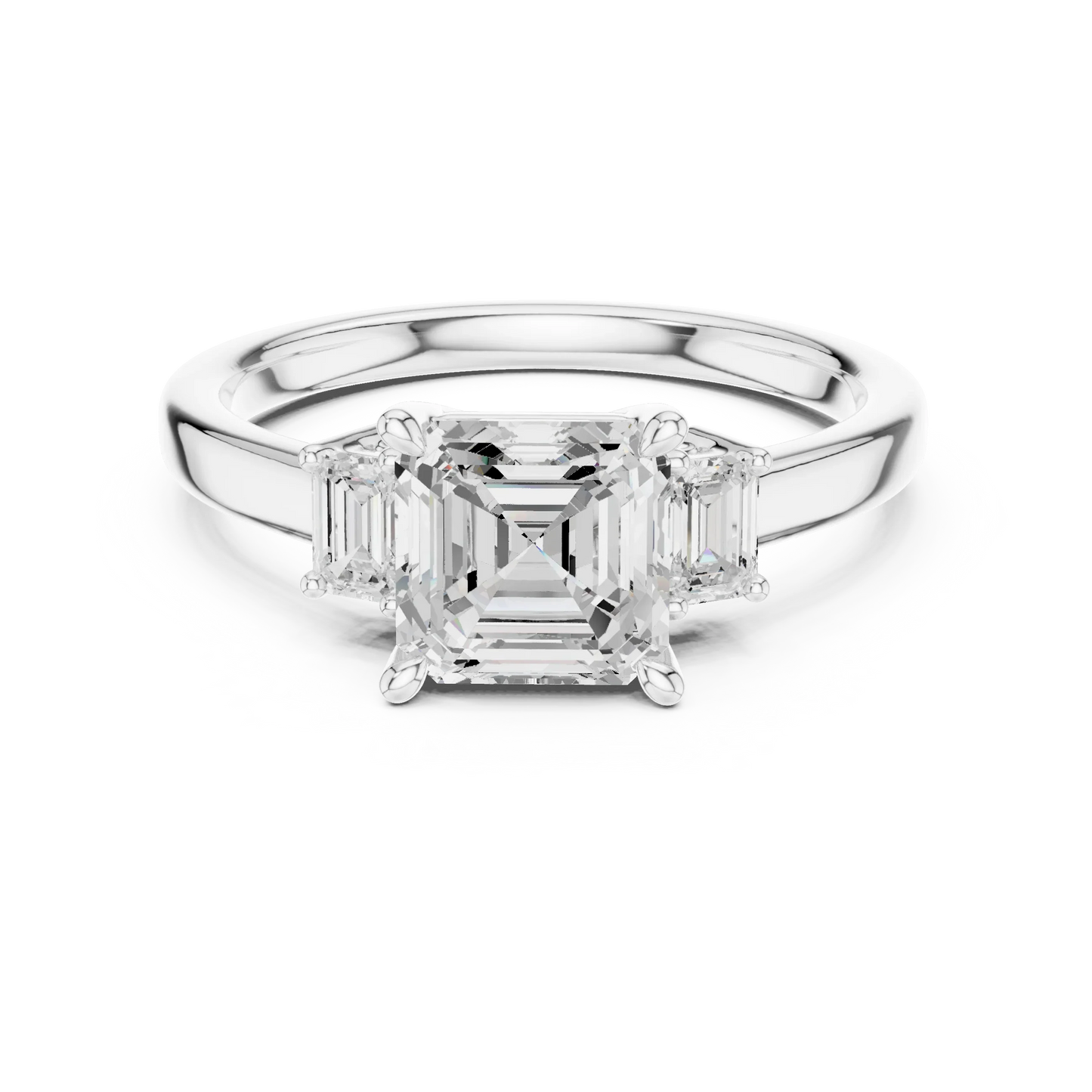 Lab-grown Asscher cut three stone diamond ring in white gold, elegant top view