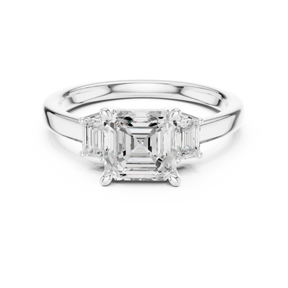 Lab-grown Asscher cut three stone diamond ring in white gold, elegant top view