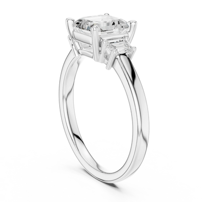 Back side view of white gold Asscher three stone diamond ring, showing band and setting
