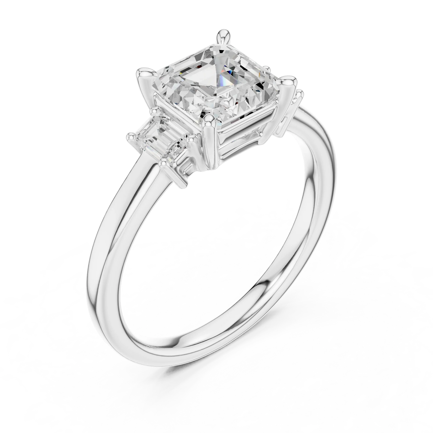 Front view of white gold Asscher cut three stone diamond ring, showcasing center and side stones.