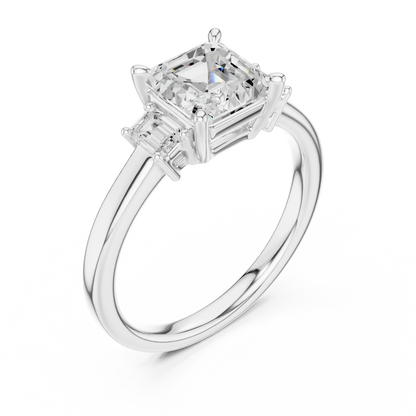 Front view of white gold Asscher cut three stone diamond ring, showcasing center and side stones.