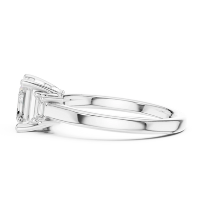 Side view of white gold Asscher cut three stone diamond ring, highlighting setting profile