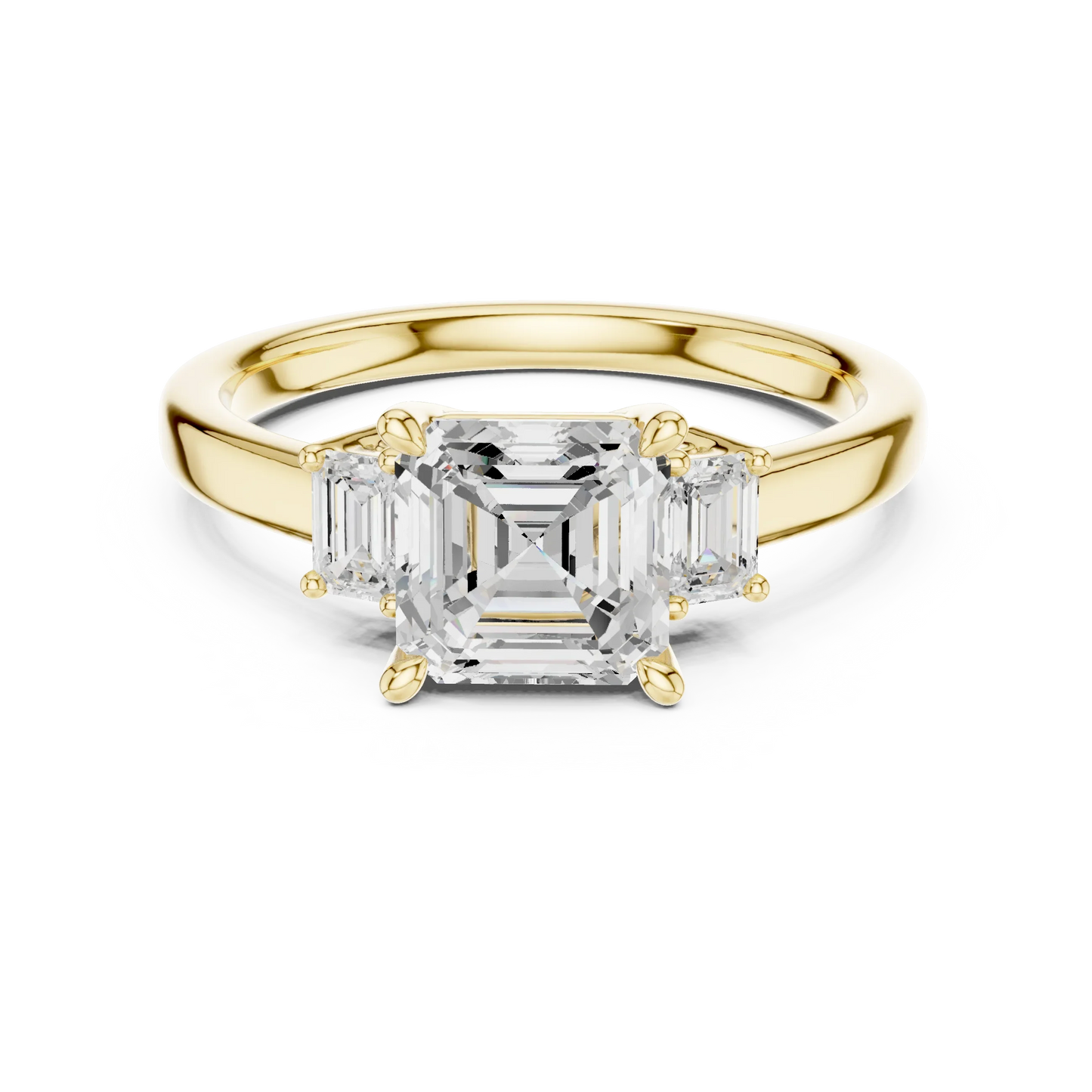 Lab-grown Asscher cut three stone diamond ring in yellow gold, classic top view