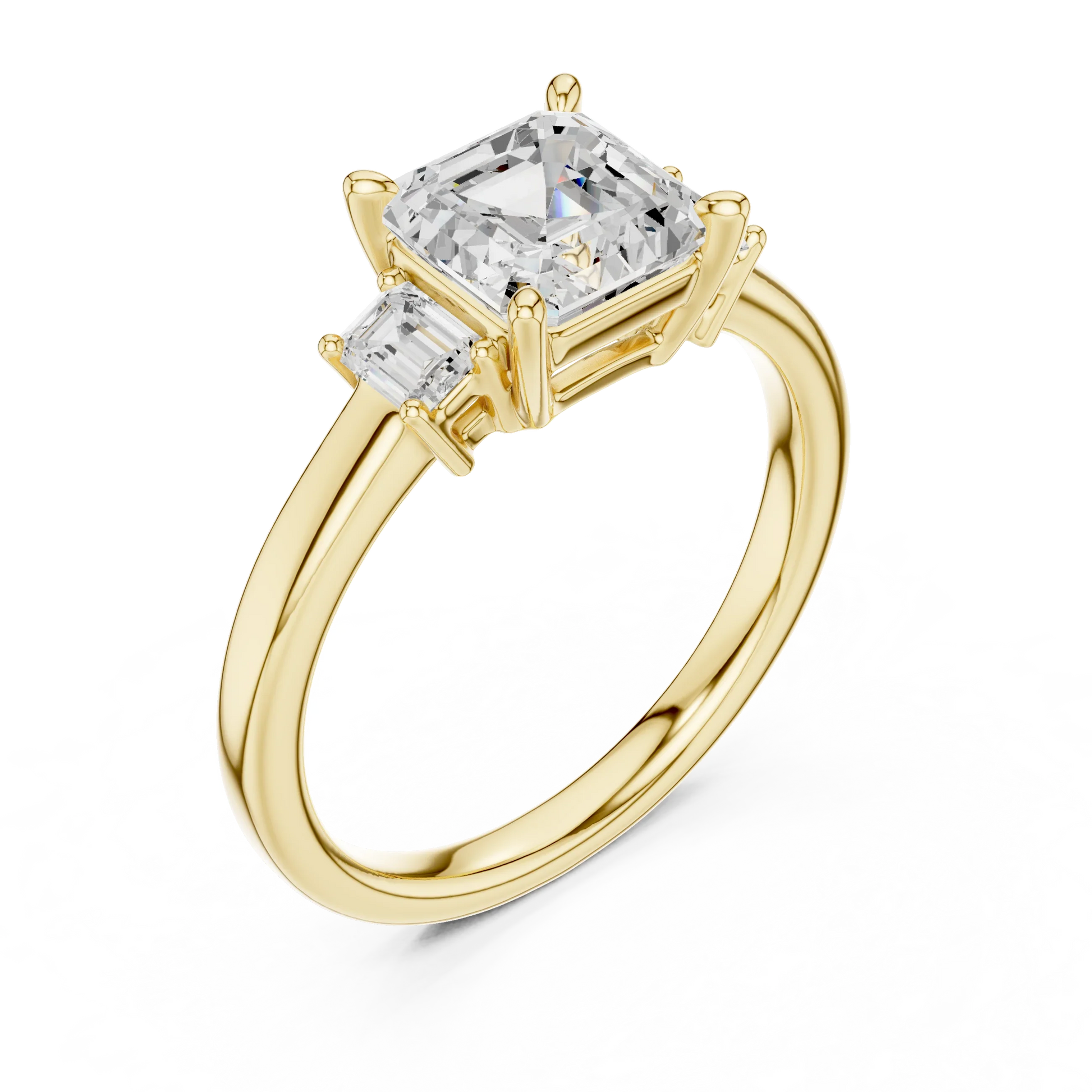 Front view of yellow gold Asscher three stone diamond ring, emphasizing geometric cut and brilliance.