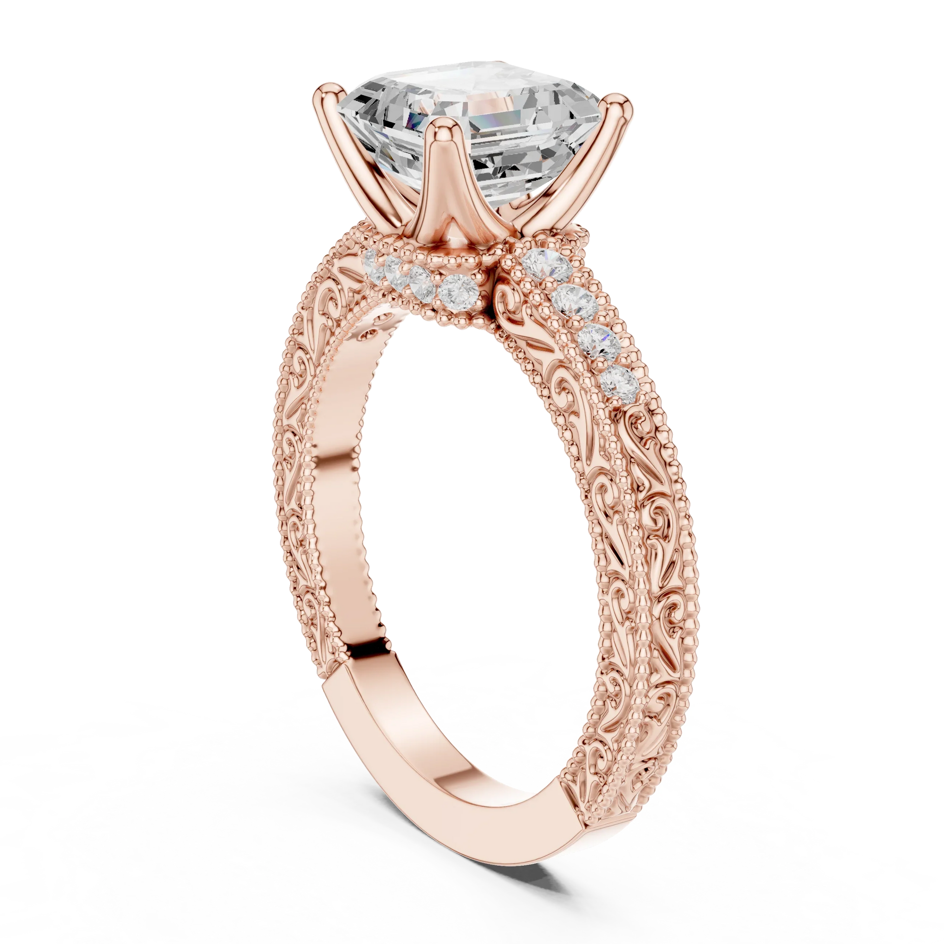 Back view of rose gold Asscher vintage filigree ring with milgrain, channel set diamond band and lab-grown diamond – Australia