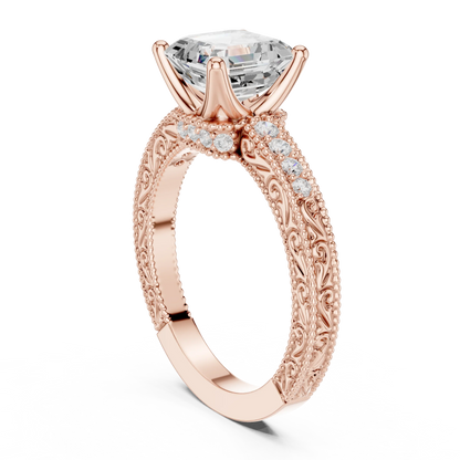 Back view of rose gold Asscher vintage filigree ring with milgrain, channel set diamond band and lab-grown diamond – Australia
