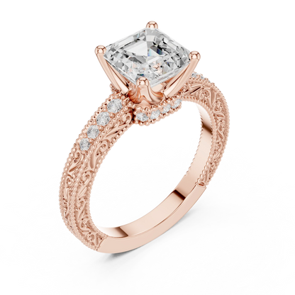 Front view of rose gold Asscher vintage filigree ring with milgrain, channel set diamond band and lab-grown diamond – Australia