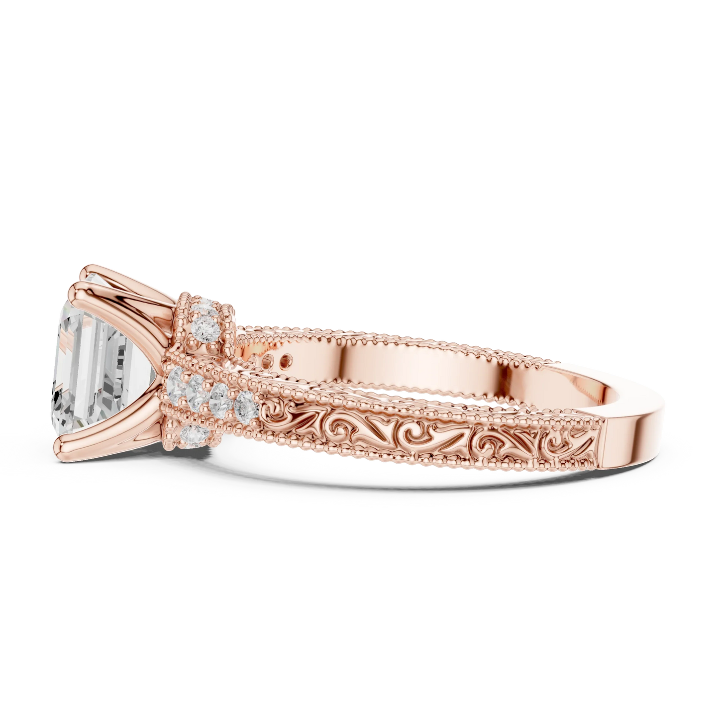 Side view of rose gold Asscher vintage filigree ring with milgrain, channel set diamond band and lab-grown diamond – Australia