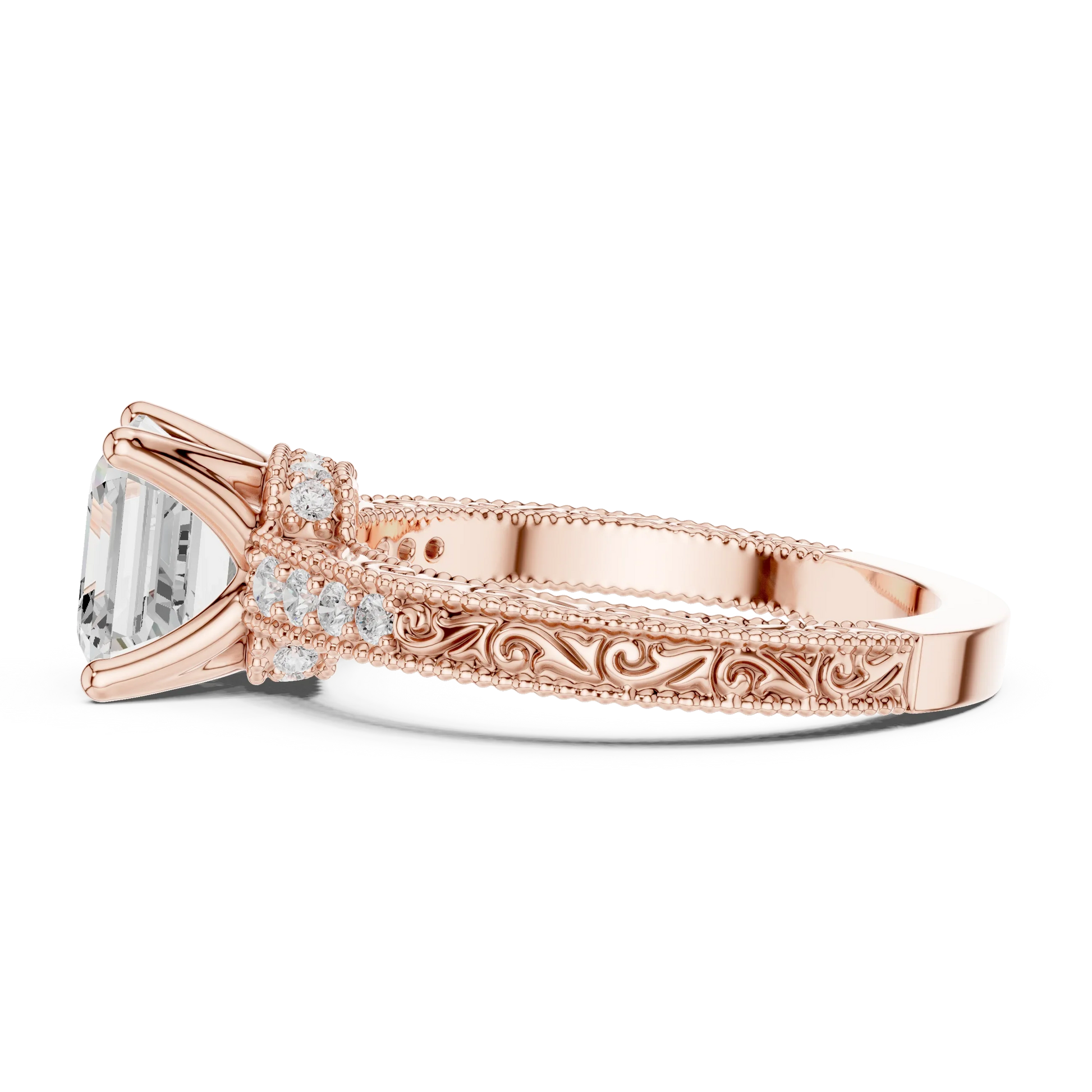 Side view of rose gold Asscher vintage filigree ring with milgrain, channel set diamond band and lab-grown diamond – Australia