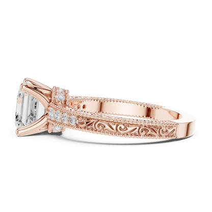 Side view of rose gold Asscher vintage filigree ring with milgrain, channel set diamond band and lab-grown diamond – Australia