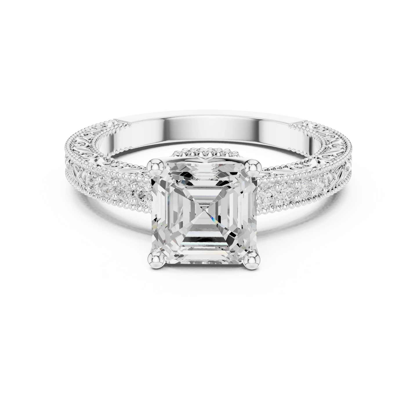 Asscher vintage filigree ring in white gold with milgrain, channel set diamond band and lab-grown diamond – Australia