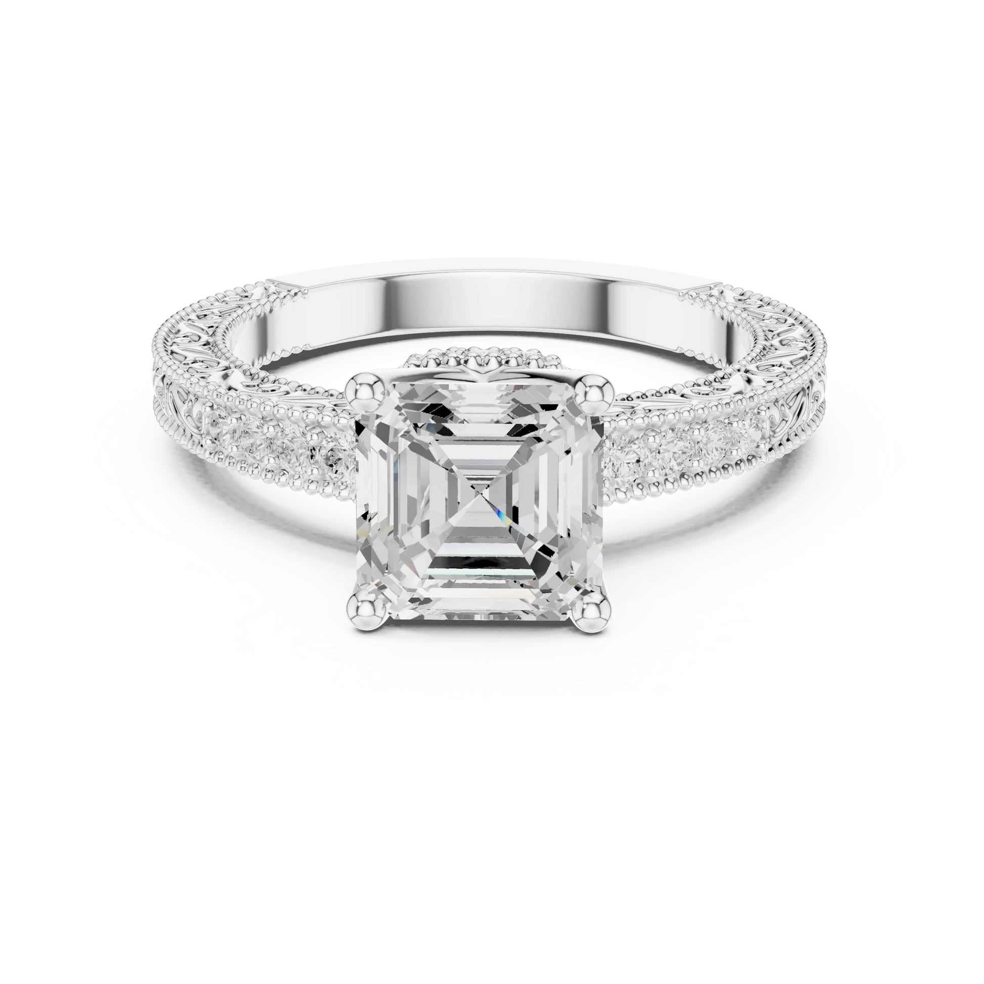 Asscher vintage filigree ring in white gold with milgrain, channel set diamond band and lab-grown diamond – Australia