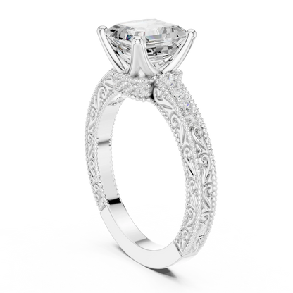 Back view of white gold Asscher vintage filigree ring with milgrain, channel set diamond band and lab-grown diamond – Australia