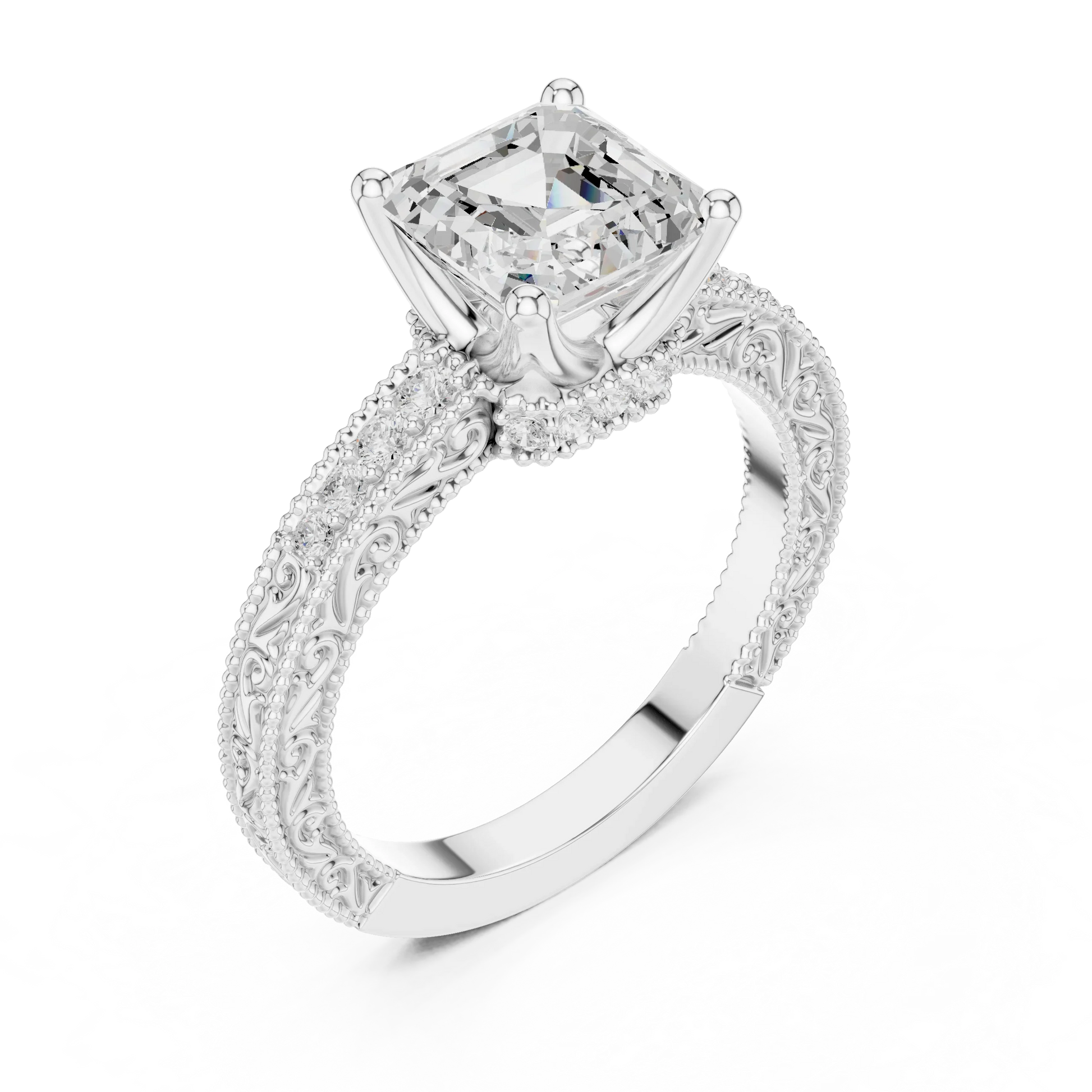 Front view of white gold Asscher vintage filigree ring with milgrain, channel set diamond band and lab-grown diamond – Australia