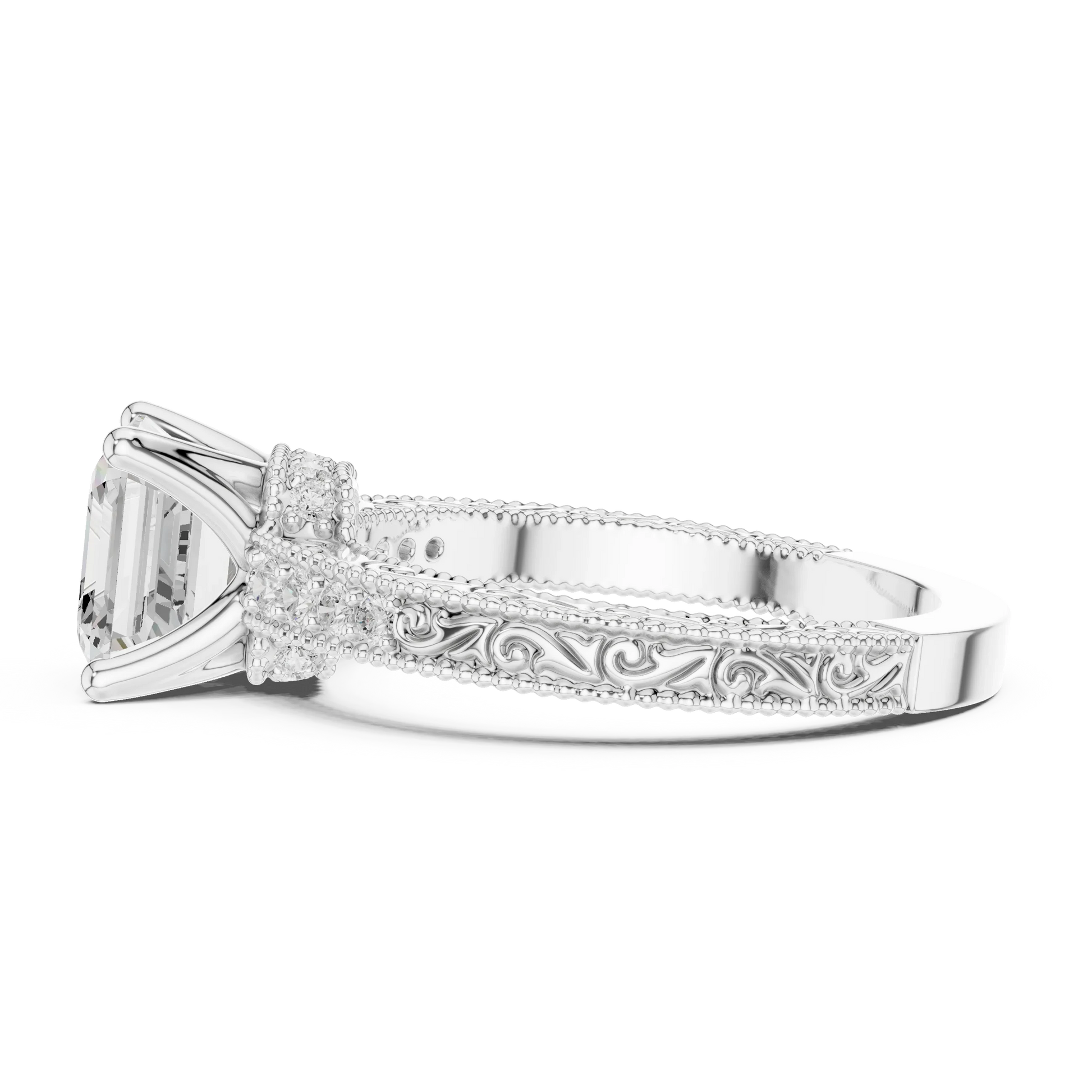 Side view of white gold Asscher vintage filigree ring with milgrain, channel set diamond band and lab-grown diamond – Australia