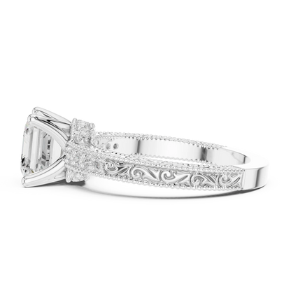 Side view of white gold Asscher vintage filigree ring with milgrain, channel set diamond band and lab-grown diamond – Australia